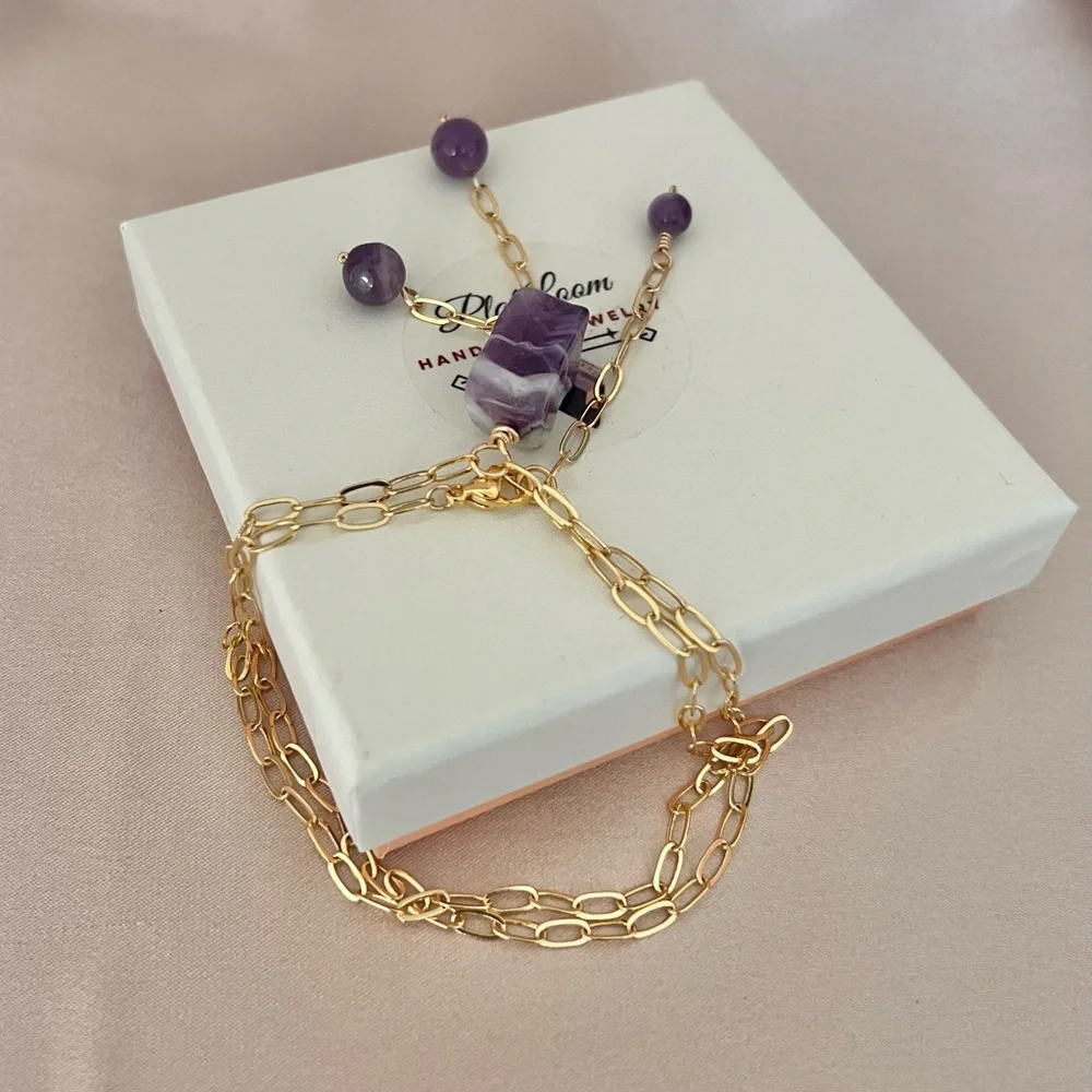 Banded Amethyst Gemstone Lariat Necklace 14k Gold Filled. - Picture 3 of 5